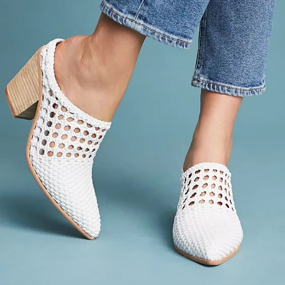 White Woven Block Heel Mules - Women